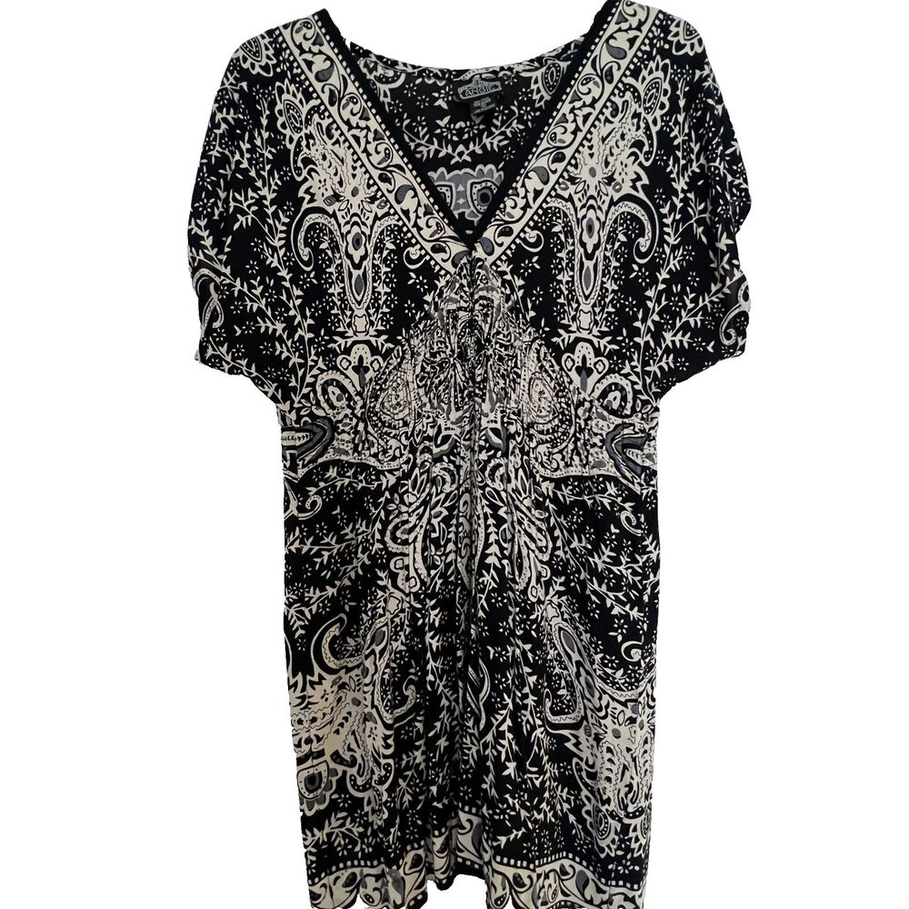Angie Dress L Shirred Waist Peasant Summer Black Tan Mini